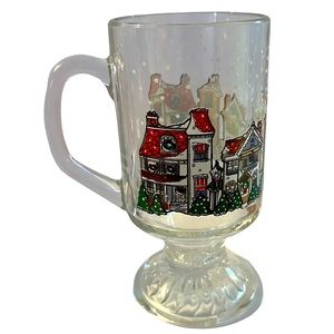 Vintage Set of 4 Libbey Holiday Winter Villiage Footed Glass Mugs